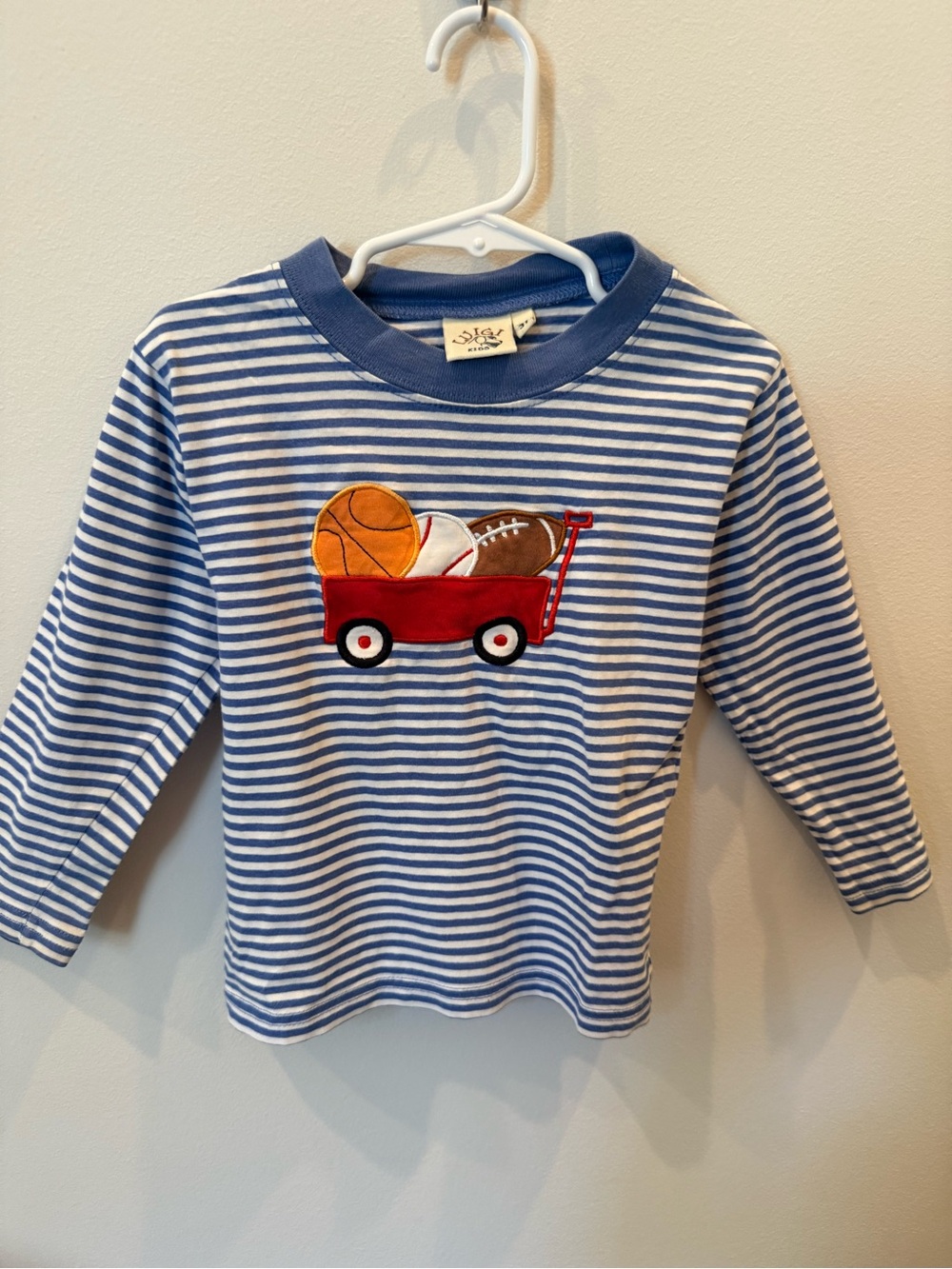 Luigi Kids Boys 3T Blue Stripe Sports Wagon Appliqué Long Sleeve Shirt